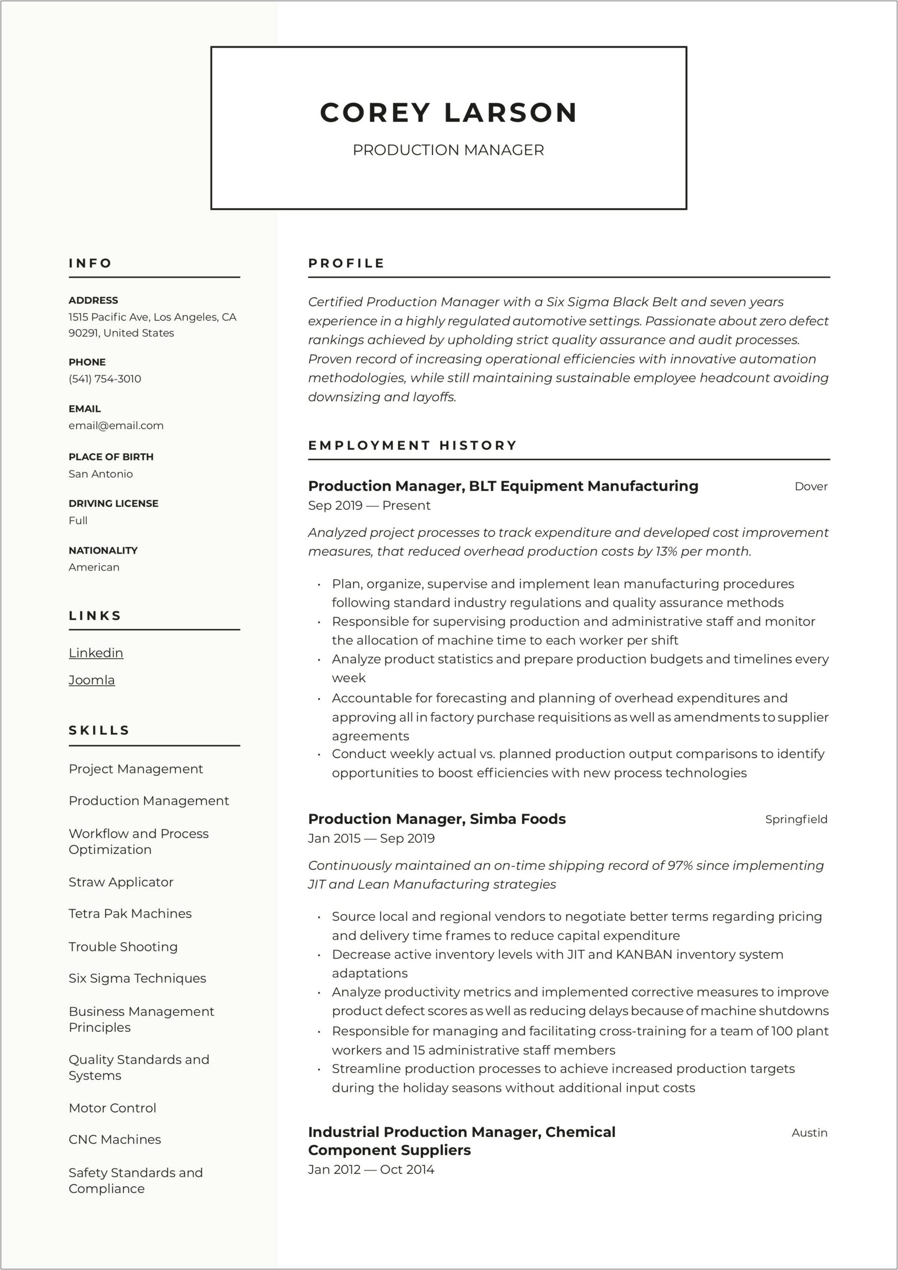 Sample Resume For Food Production Manager