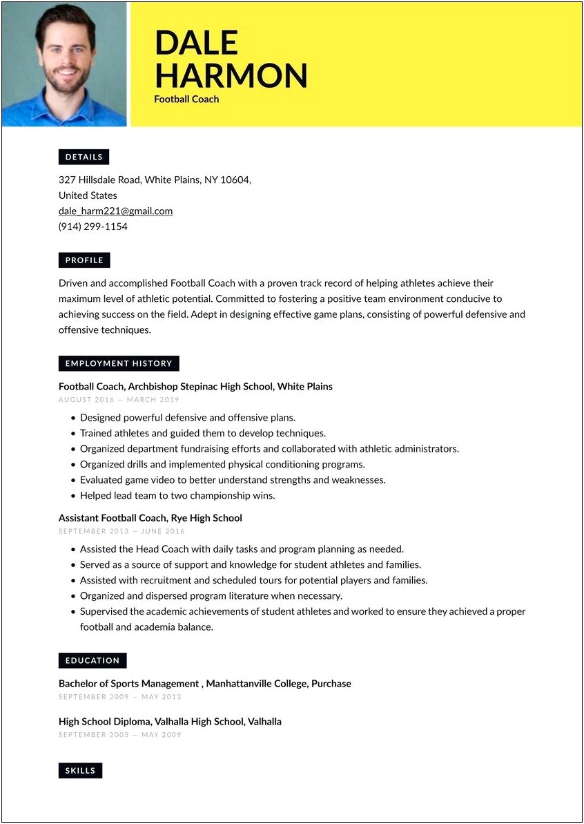 Sample Resume For Football Coaching Position