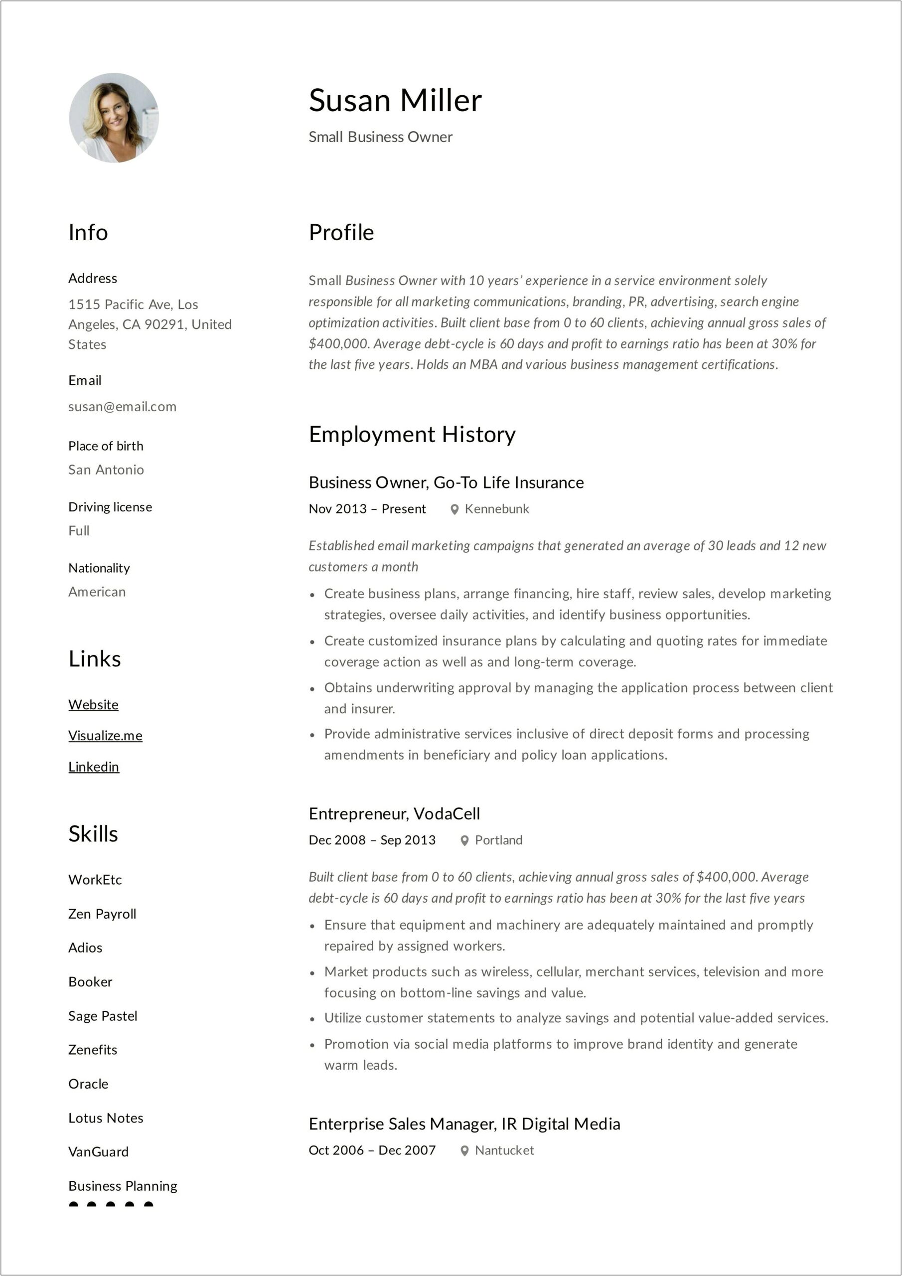 Sample Resume For Former Business Owner