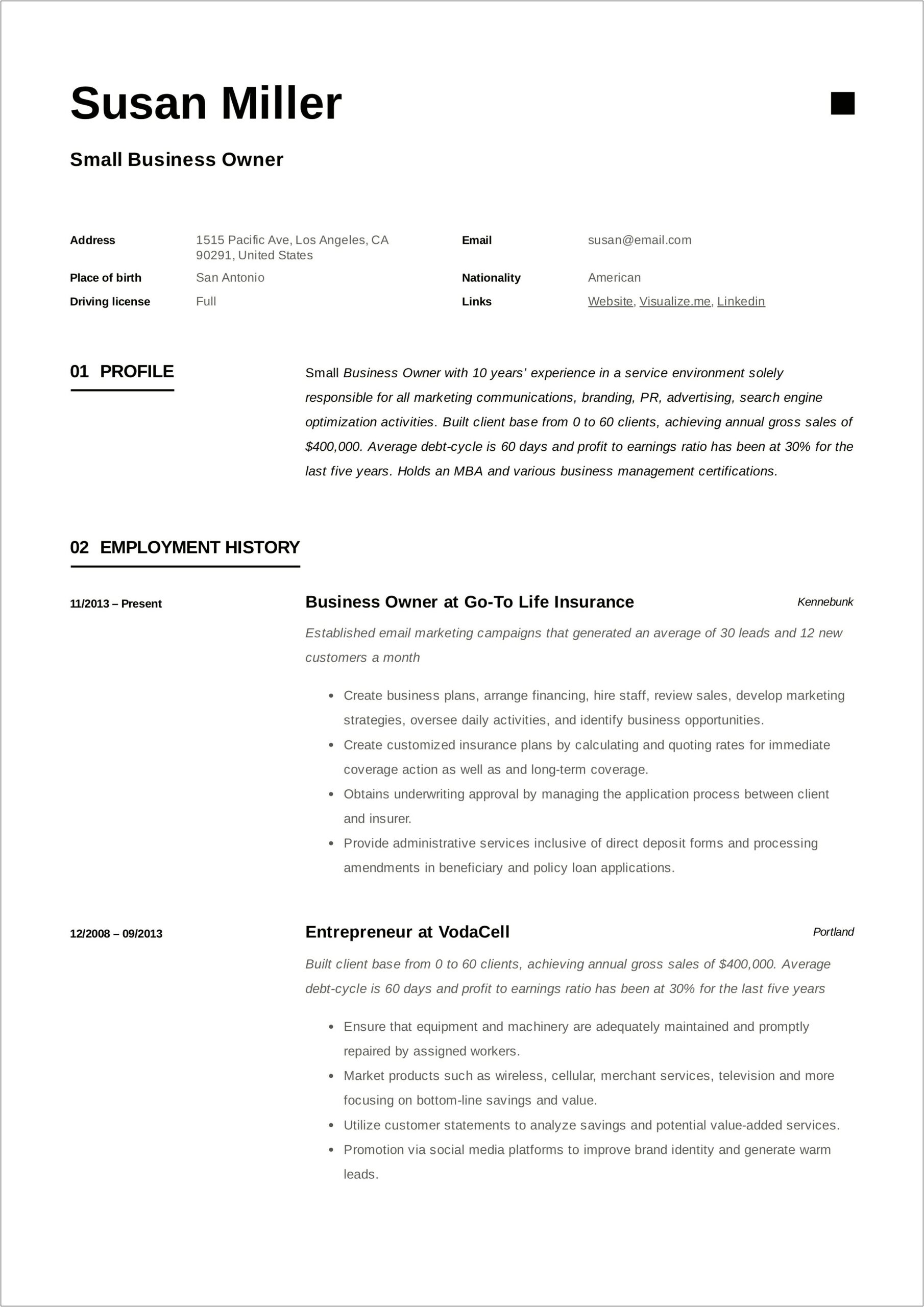 Sample Resume For Former Small Business Owner