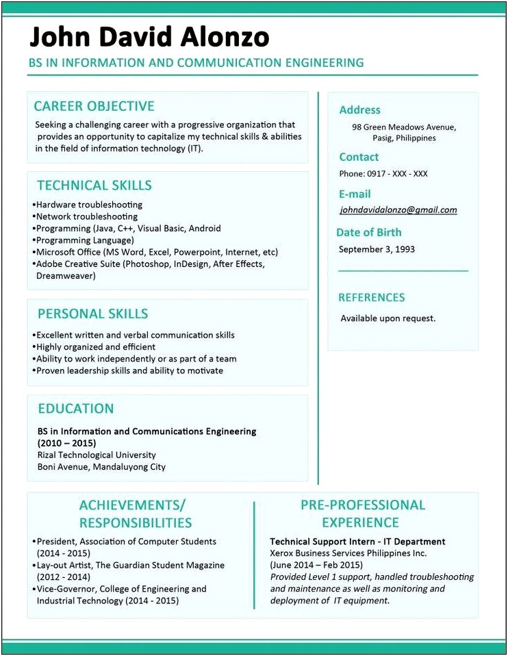 Sample Resume For Fresh Graduate Career Objective