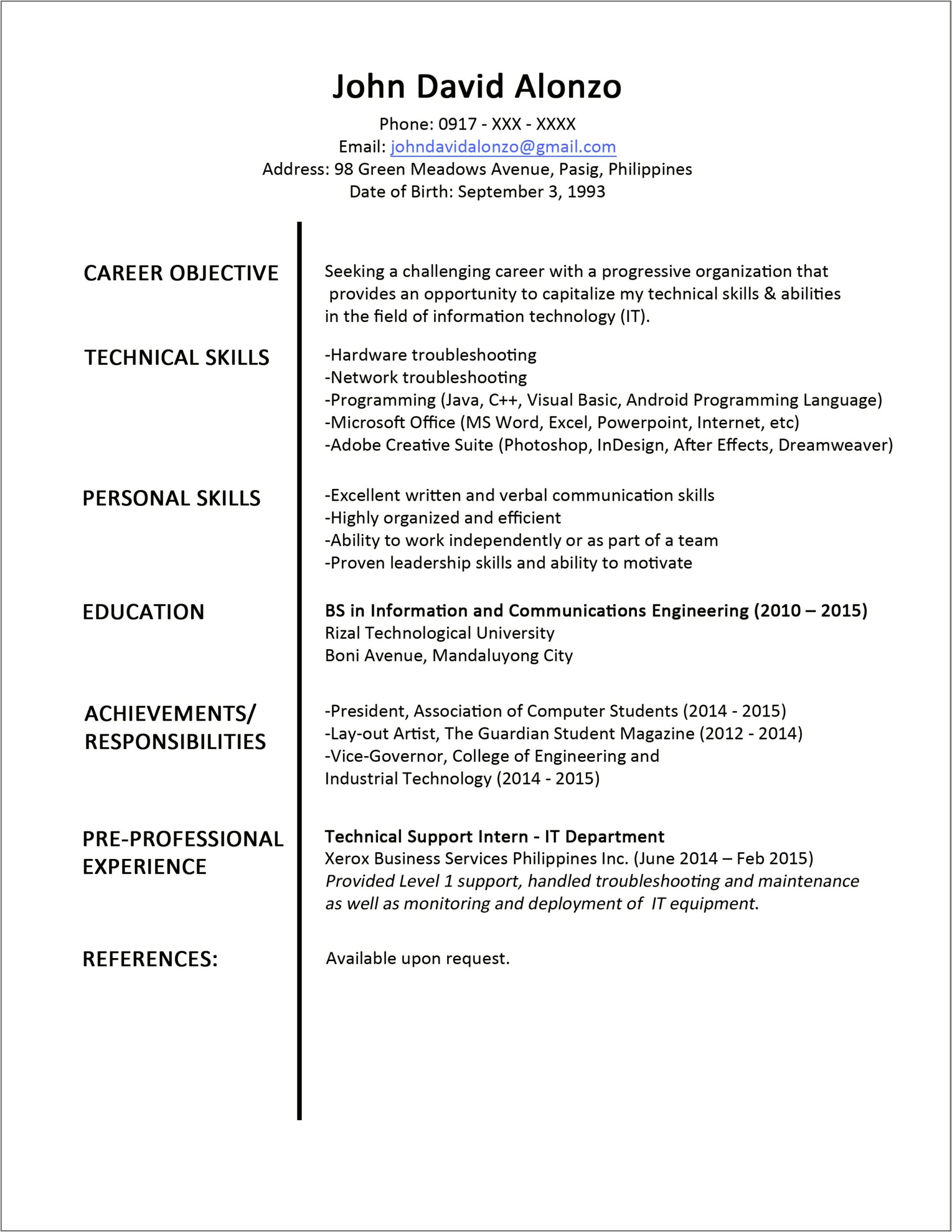 Sample Resume For Fresh Graduate Engineering Pdf