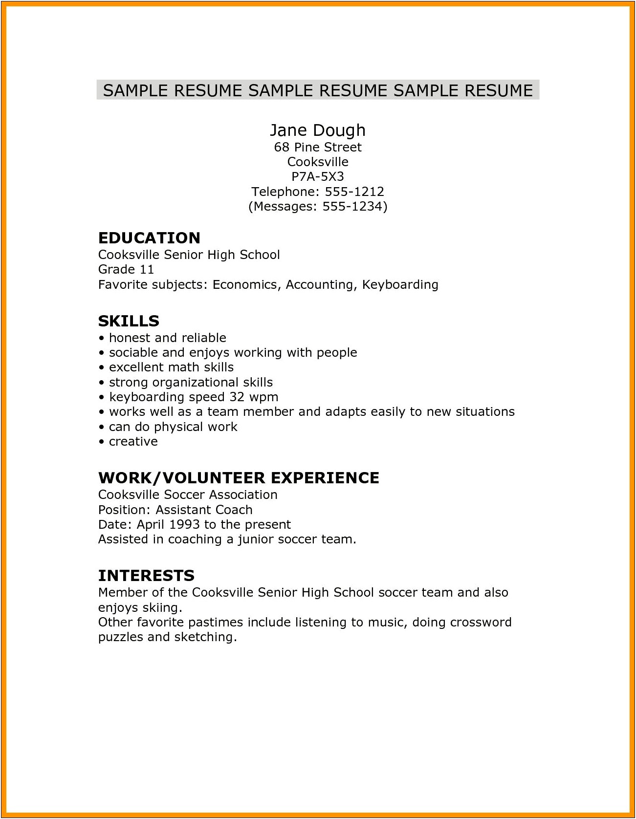 Sample Resume For Fresh High School Graduates