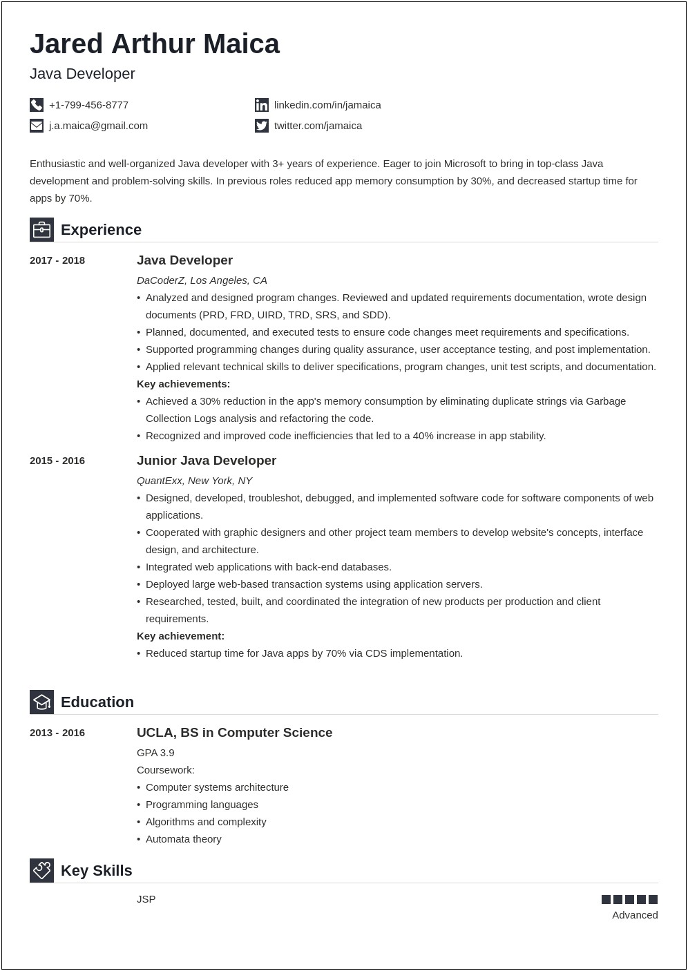 Sample Resume For Fresher Java Developer In Usa