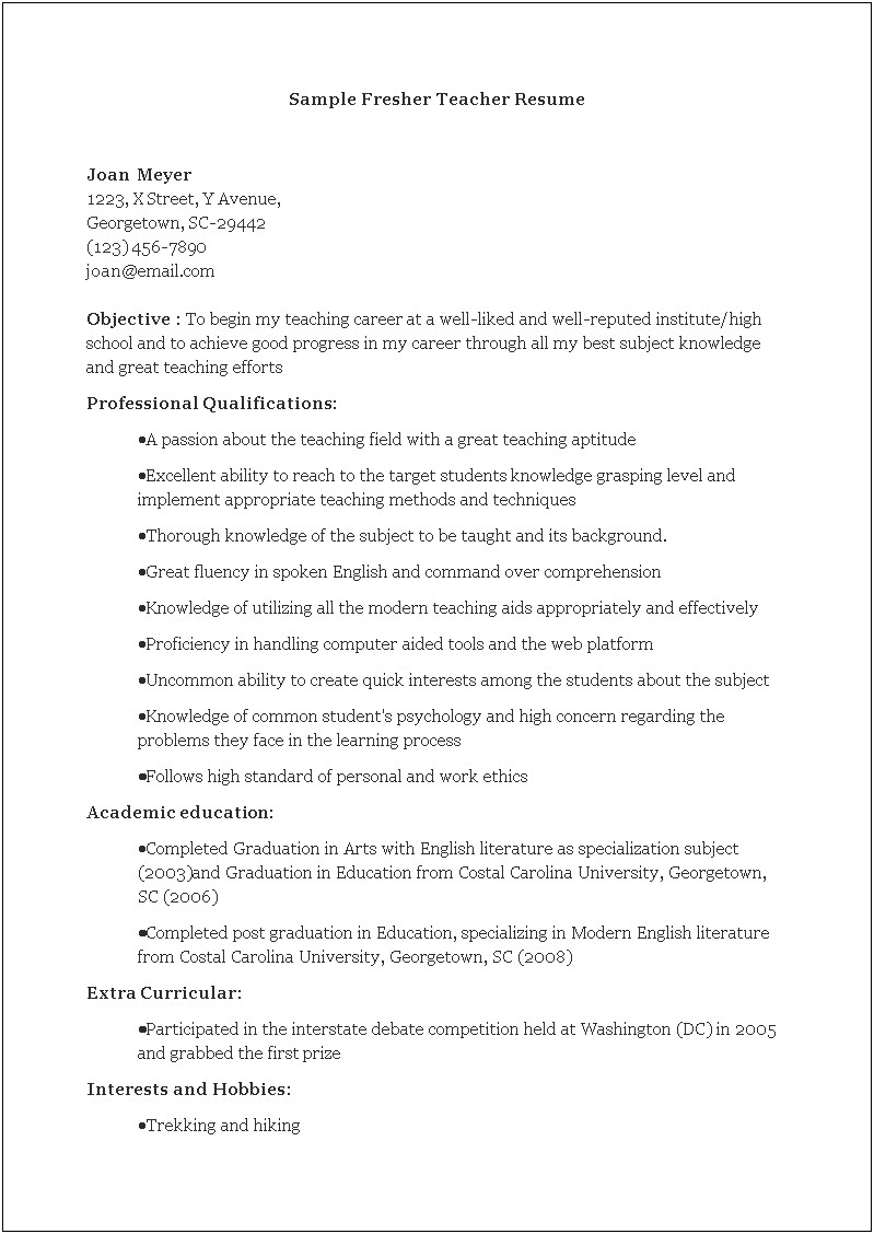 Sample Resume For Fresher Teacher Job