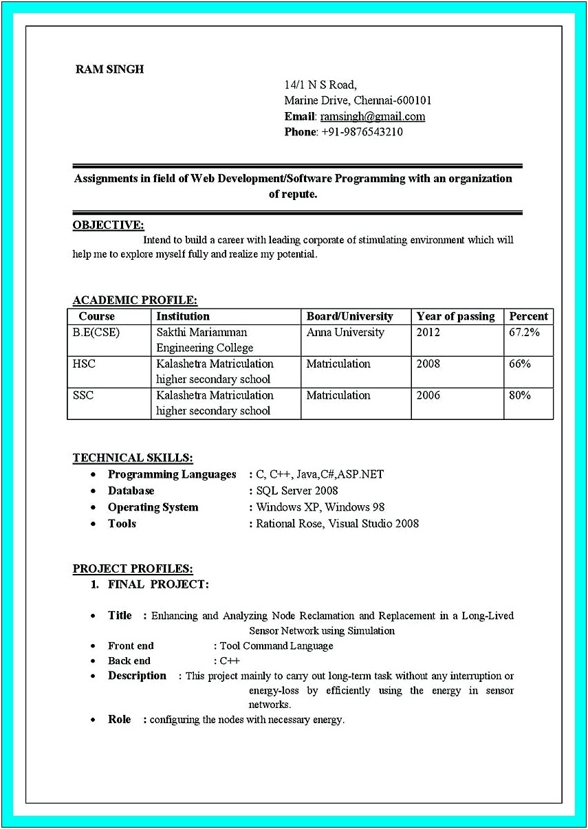 Sample Resume For Freshers Engineers Computer Science Pdf