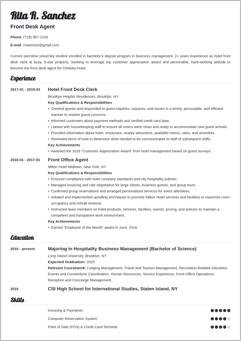 Sample Resume For Front Office Help