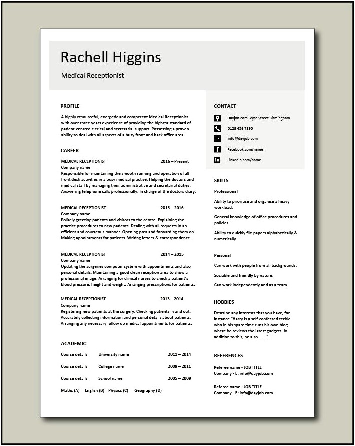 Sample Resume For Front Office Receptionist In India