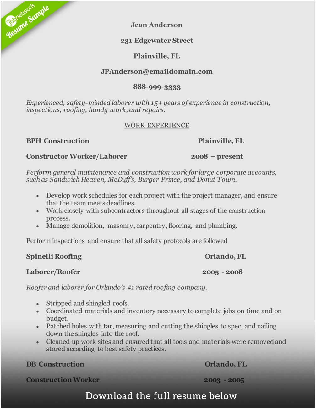 Sample Resume For General Construction Worker