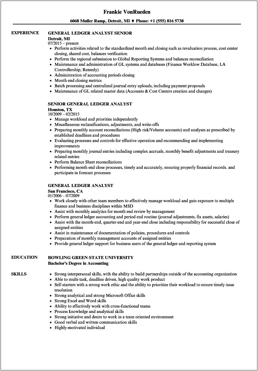Sample Resume For General Ledger Accountant