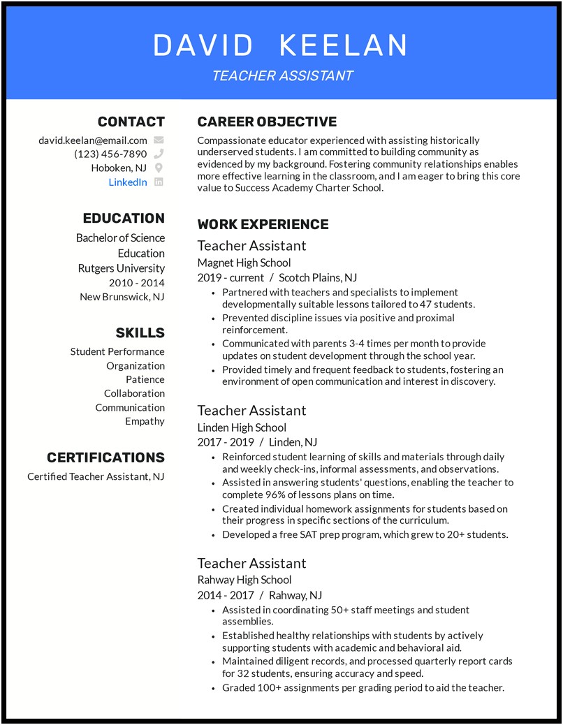 Sample Resume For Graduate Teaching Assistant