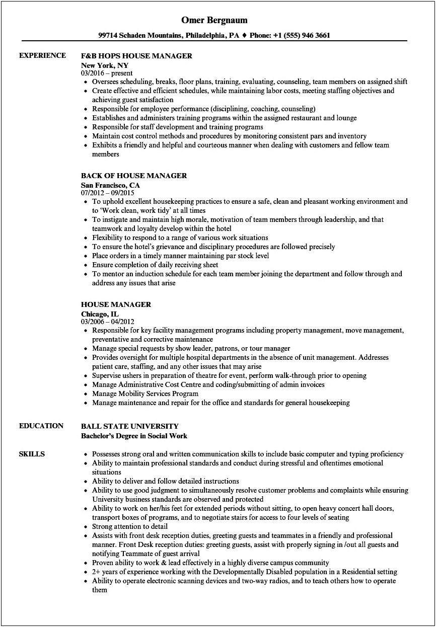 Sample Resume For Group Home Manager