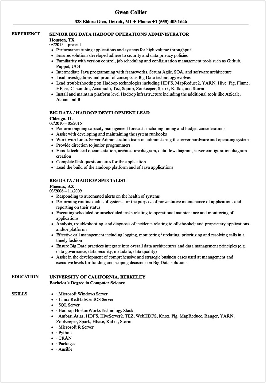 Sample Resume For Hadoop Developer Entry Level Position