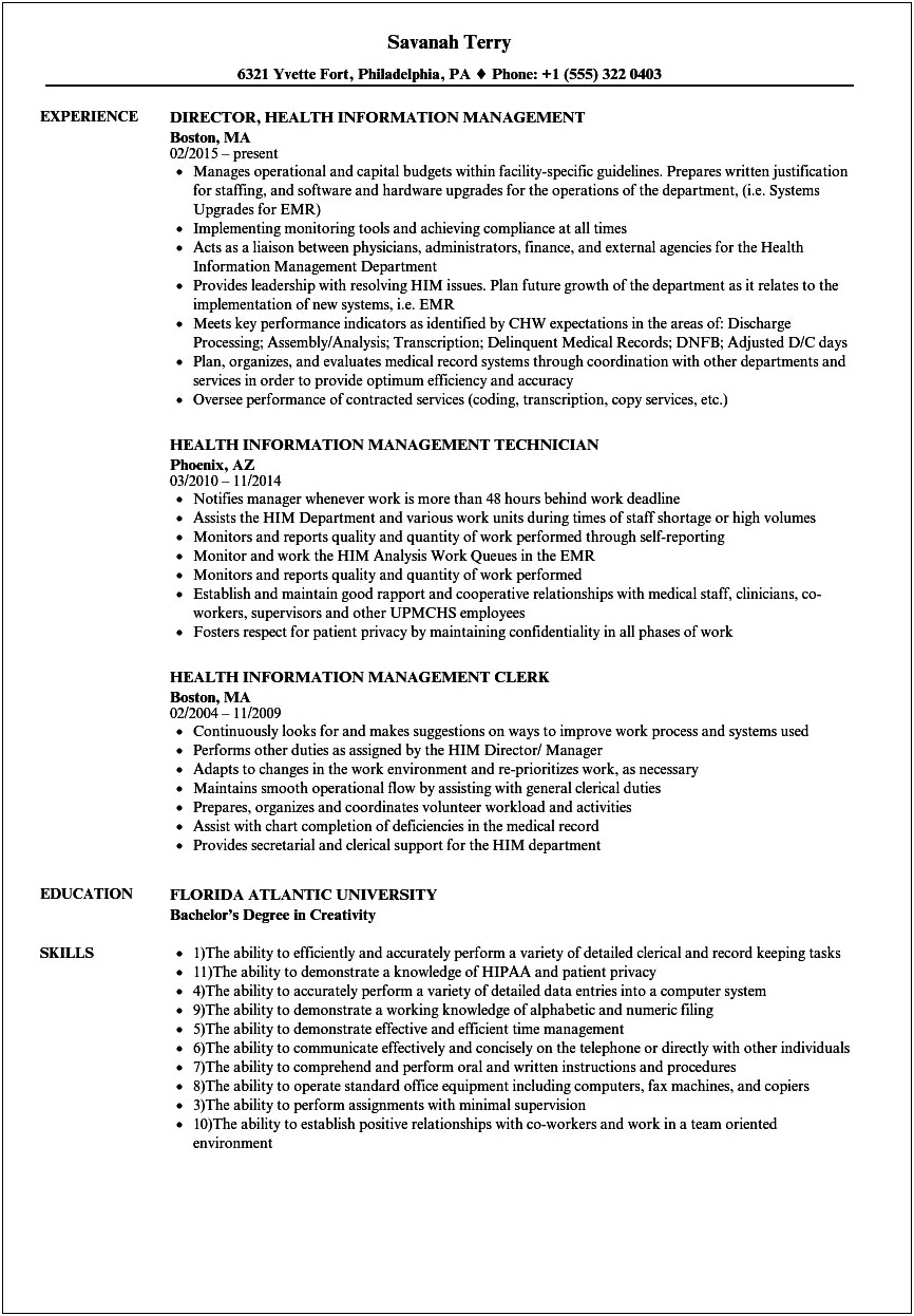 Sample Resume For Health Information Management