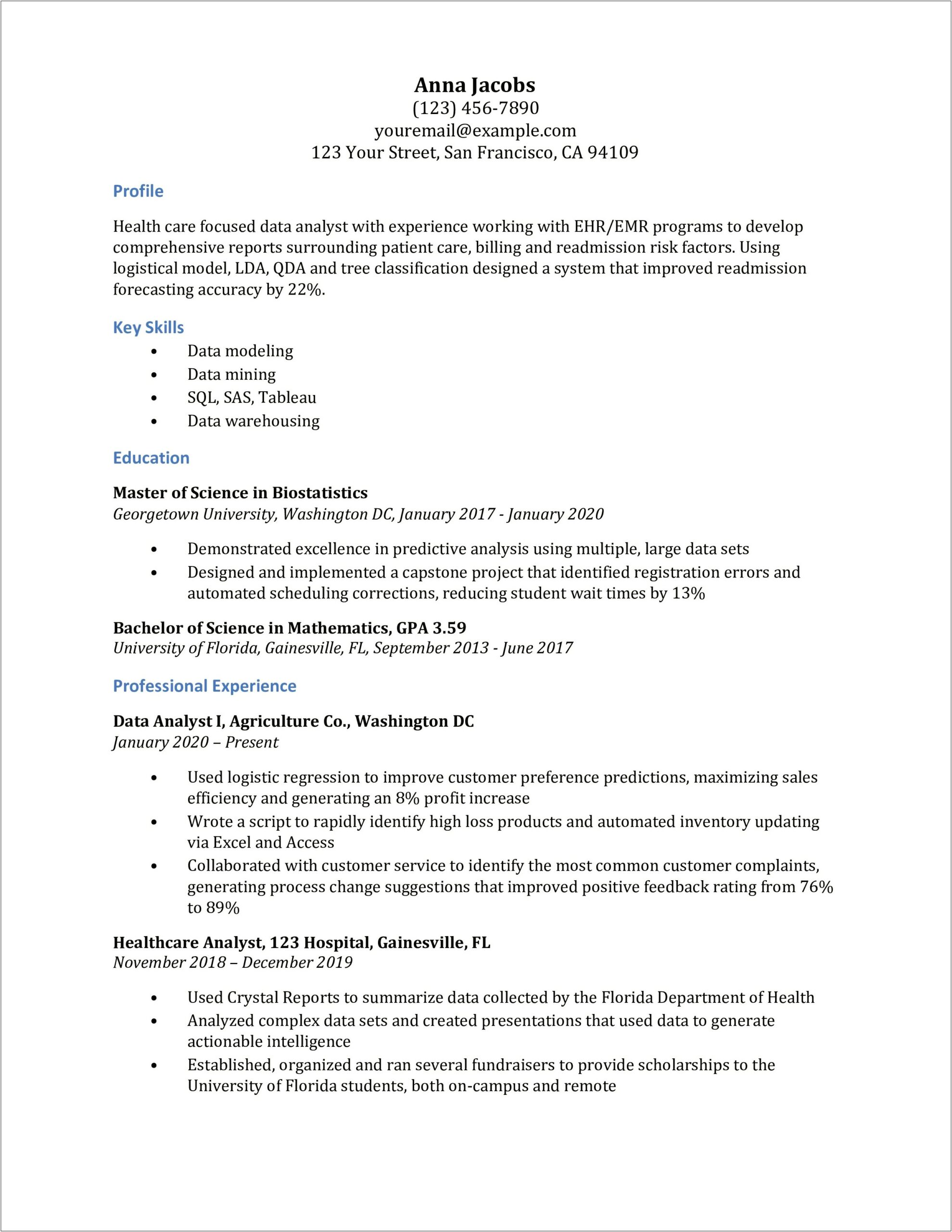 Sample Resume For Healthcare Data Analyst