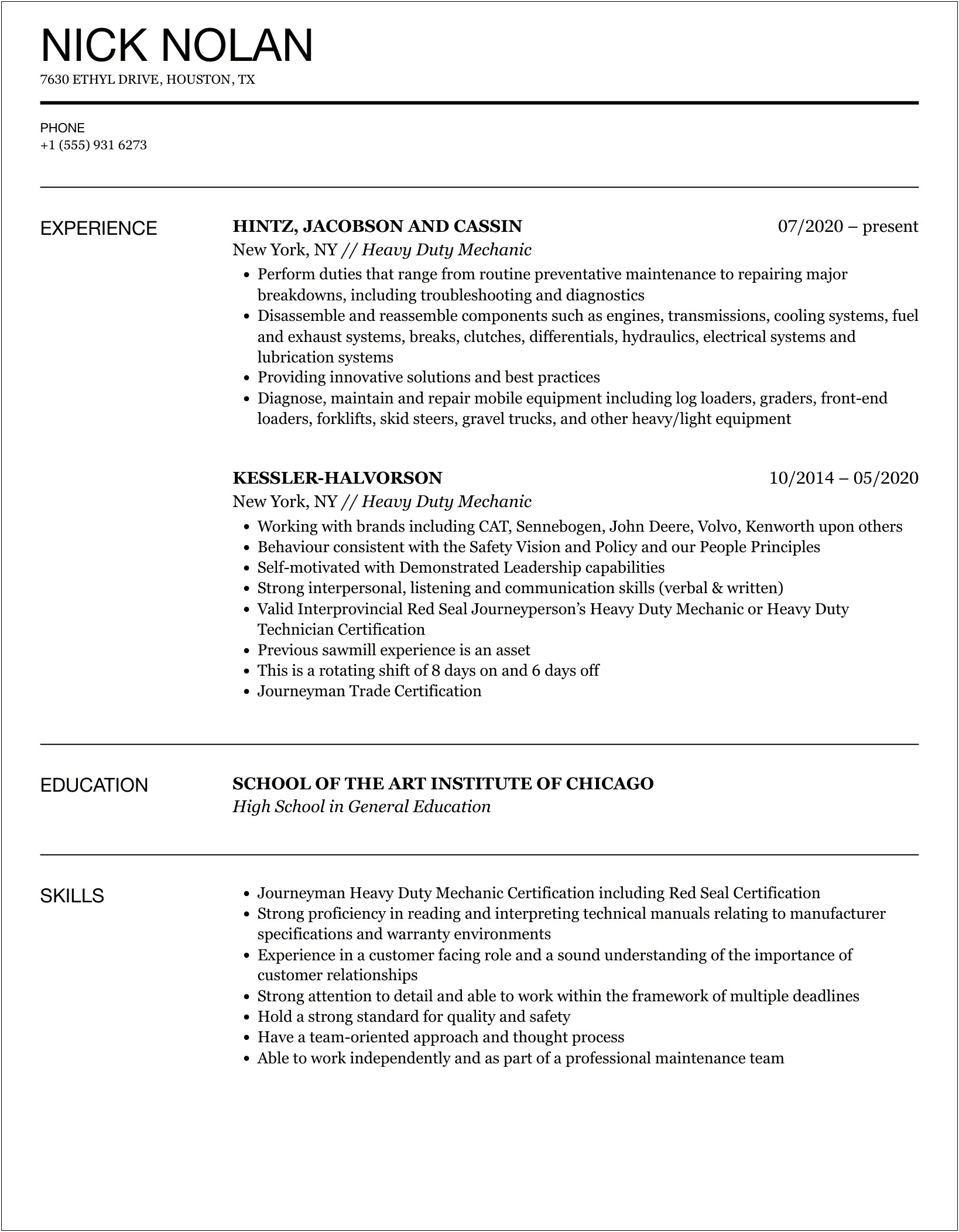 Sample Resume For Heavy Vehicle Mechanic