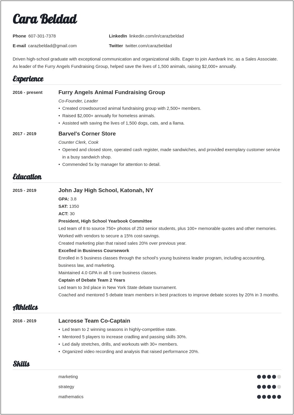 Sample Resume For Highschool Graduate Student
