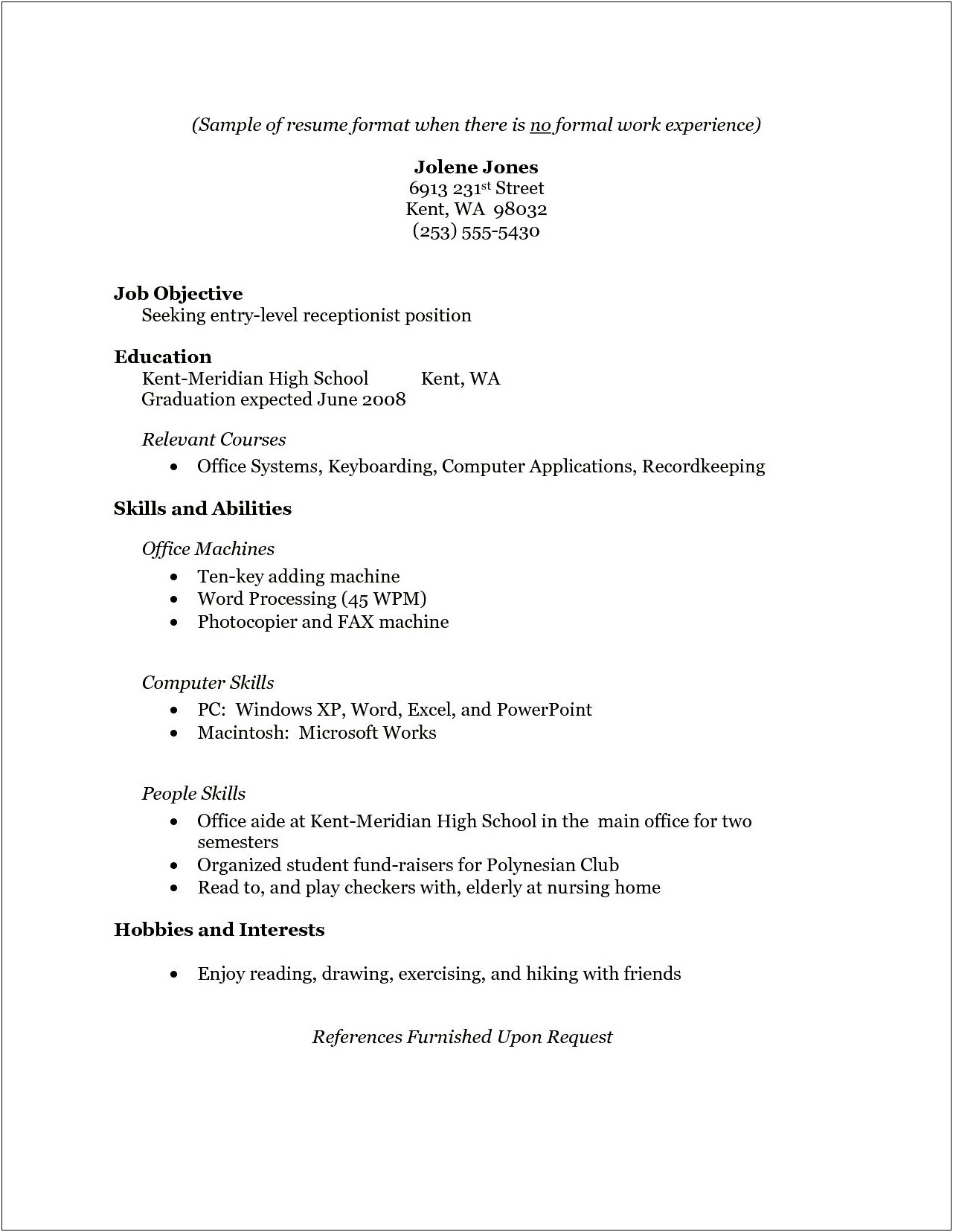 Sample Resume For Highschool Students Without Work Experience
