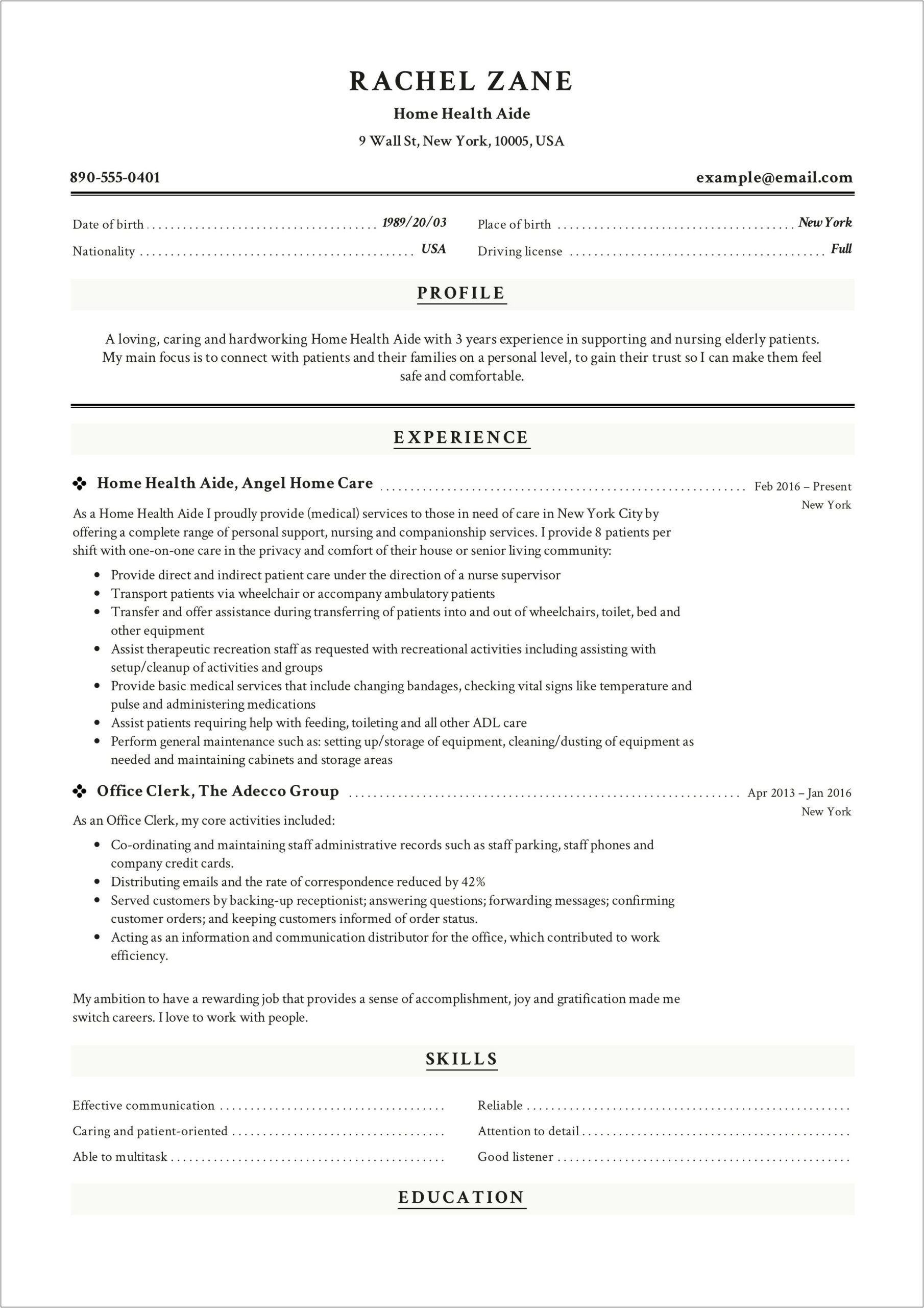 Sample Resume For Home Health Care Provider