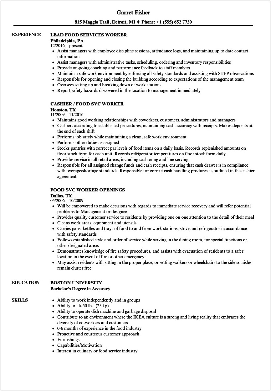 Sample Resume For Hospital Food Service Worker