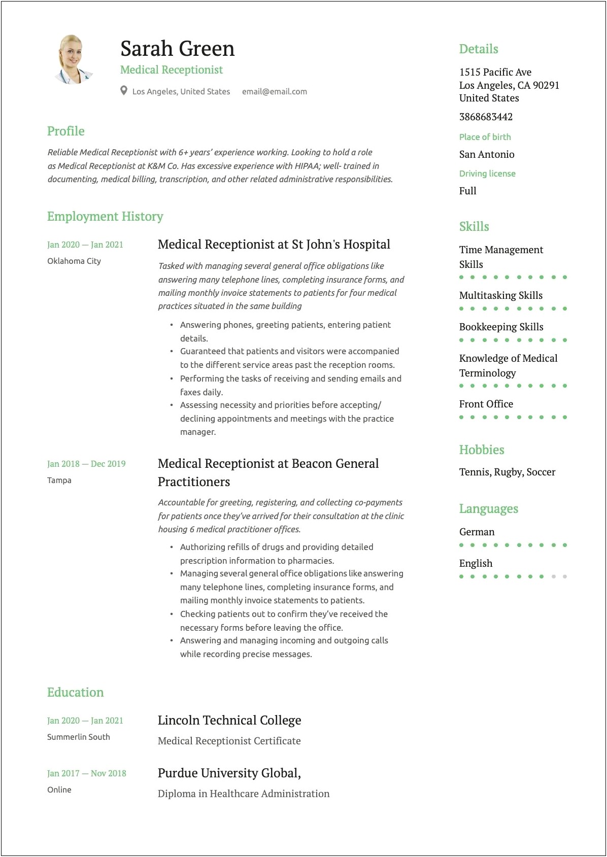Sample Resume For Hospital Front Desk