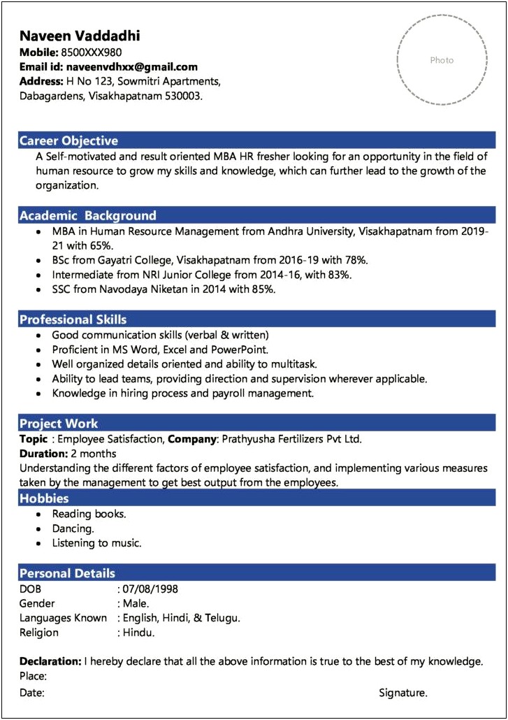 Sample Resume For Hospital Management Freshers