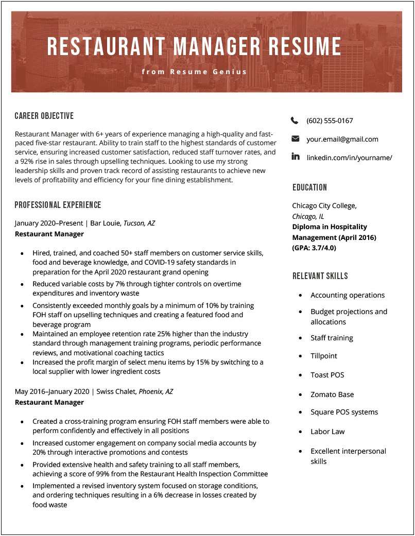 Sample Resume For Hotel And Restaurant Management Download