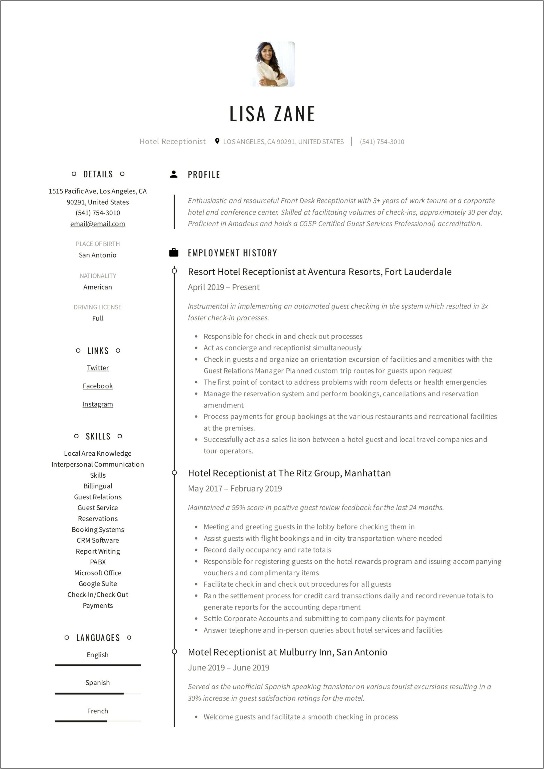 Sample Resume For Hotel Front Desk Receptionist