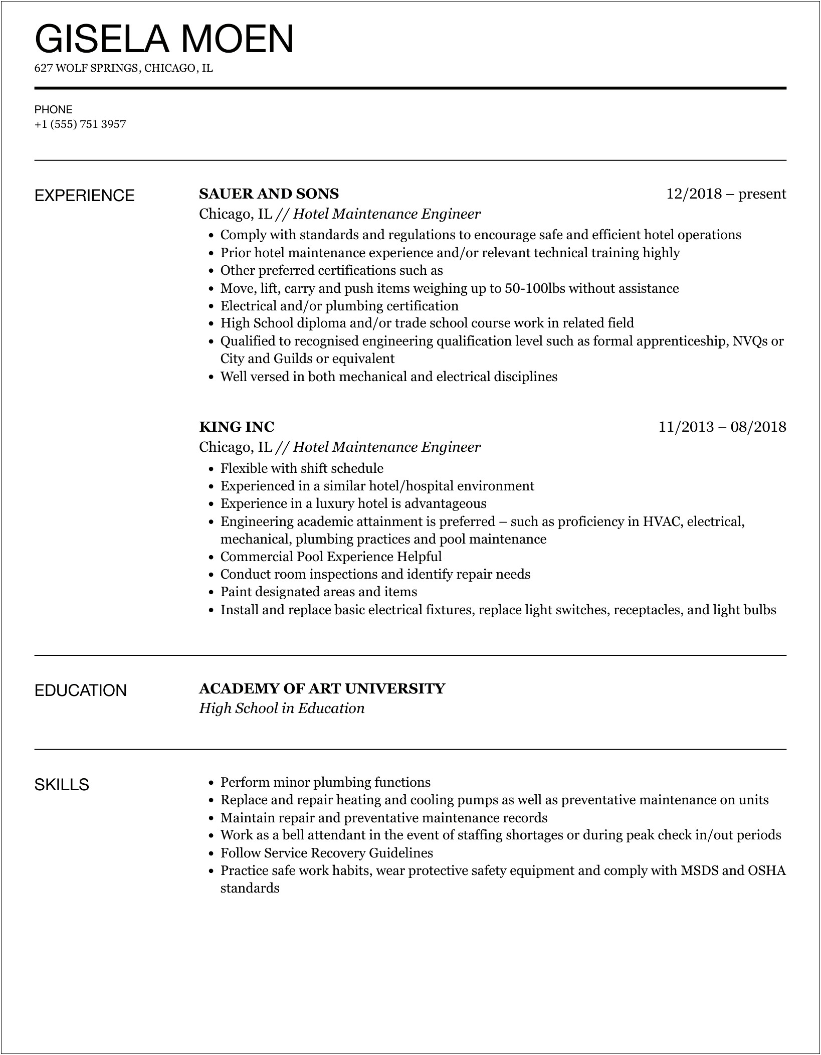 Sample Resume For Hotel Maintenance Worker