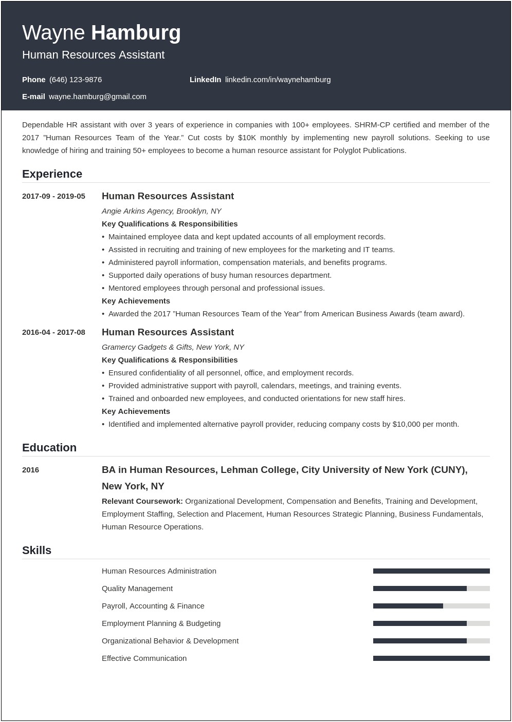 Sample Resume For Hr Operations Executive