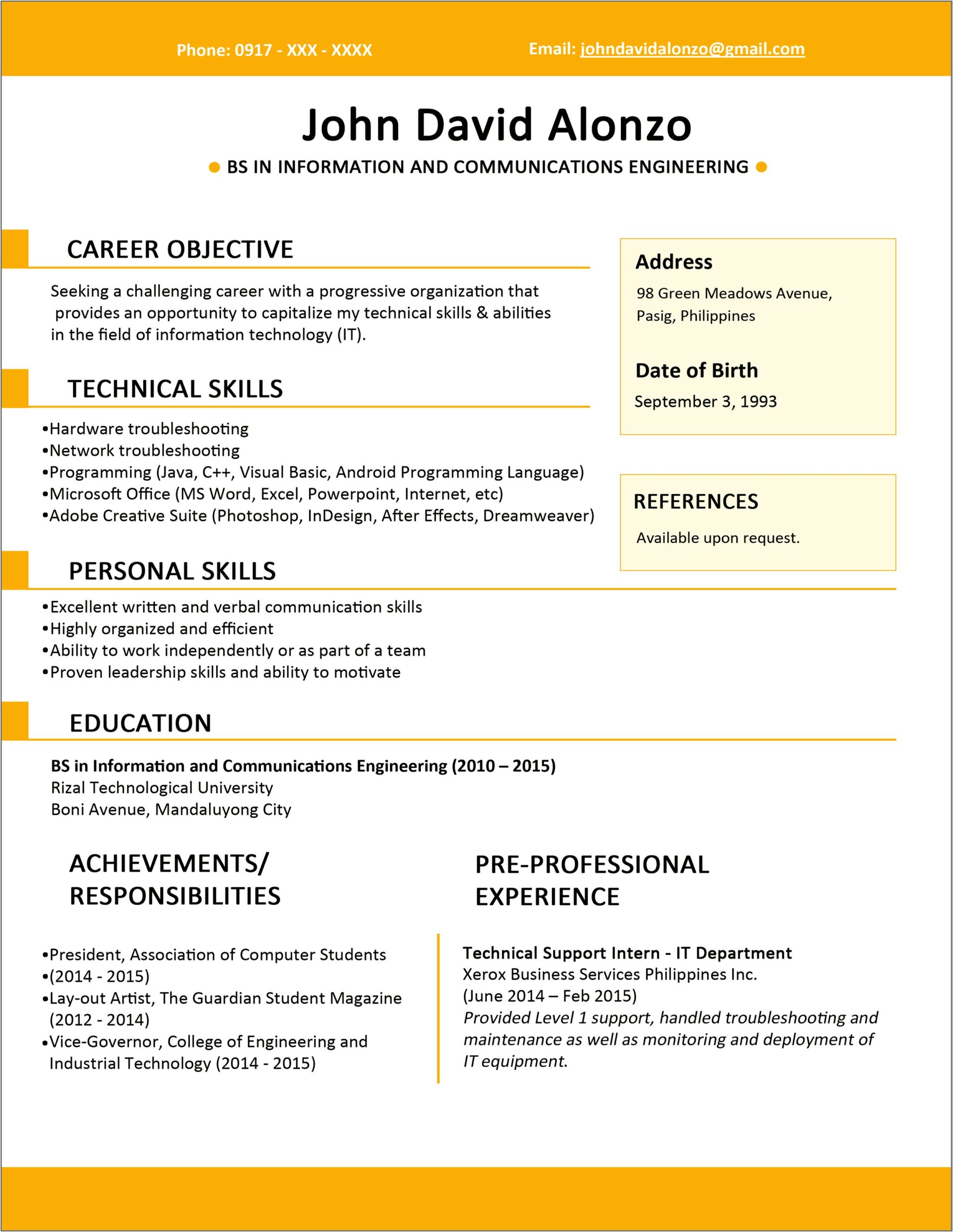 Sample Resume For Hrm Fresh Graduates