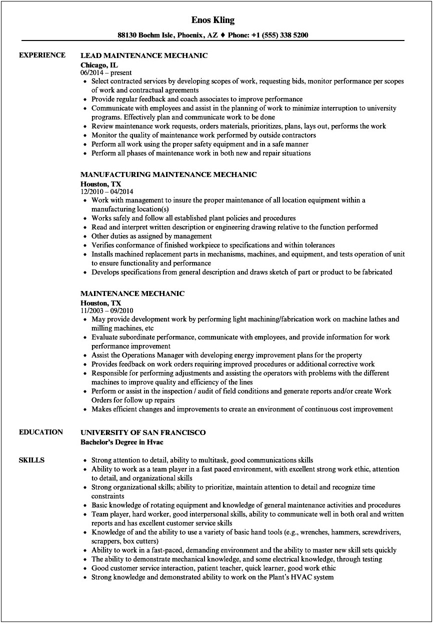 Sample Resume For Industrial Maintenance Mechanic