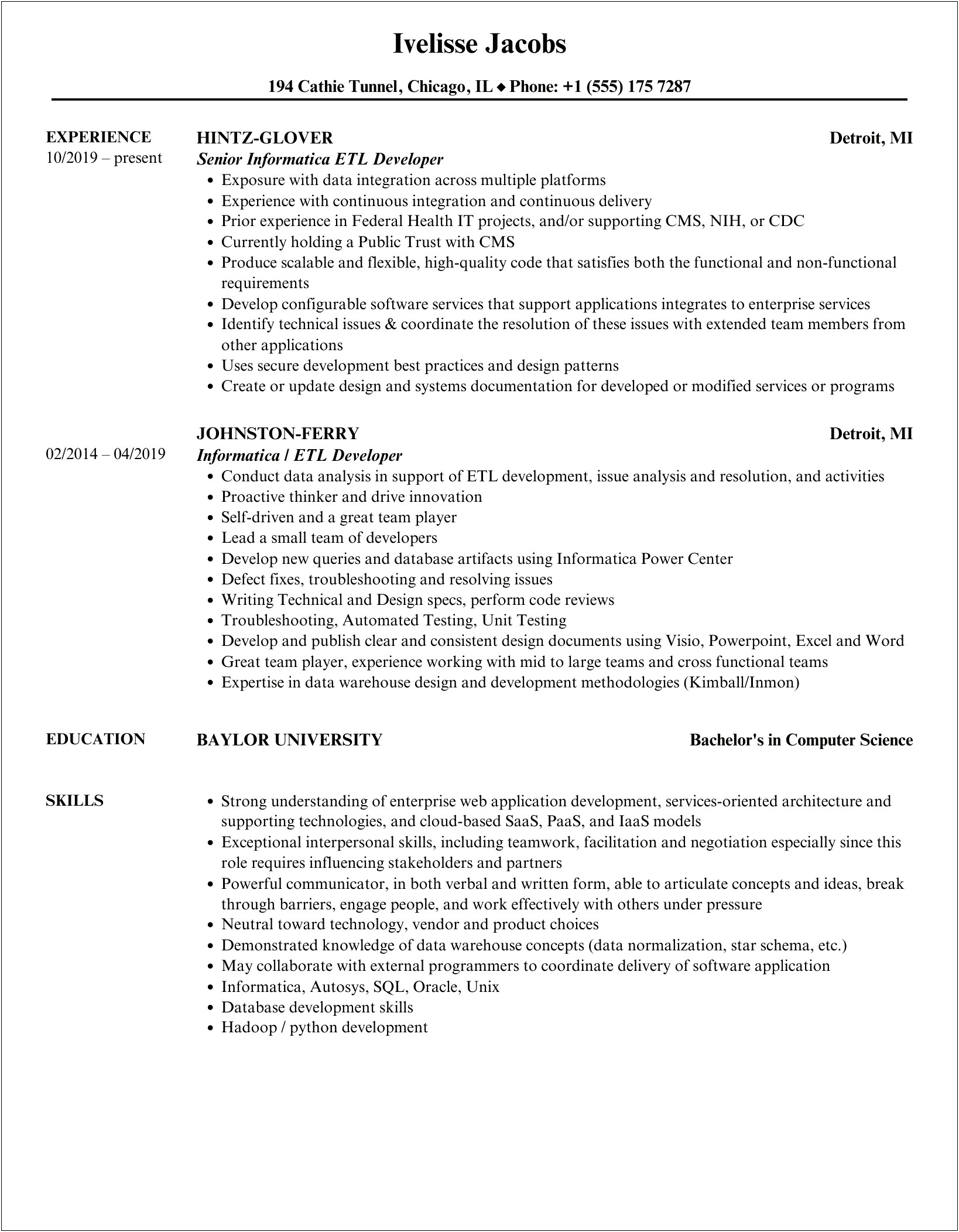 Sample Resume For Informatica Developer Fresher