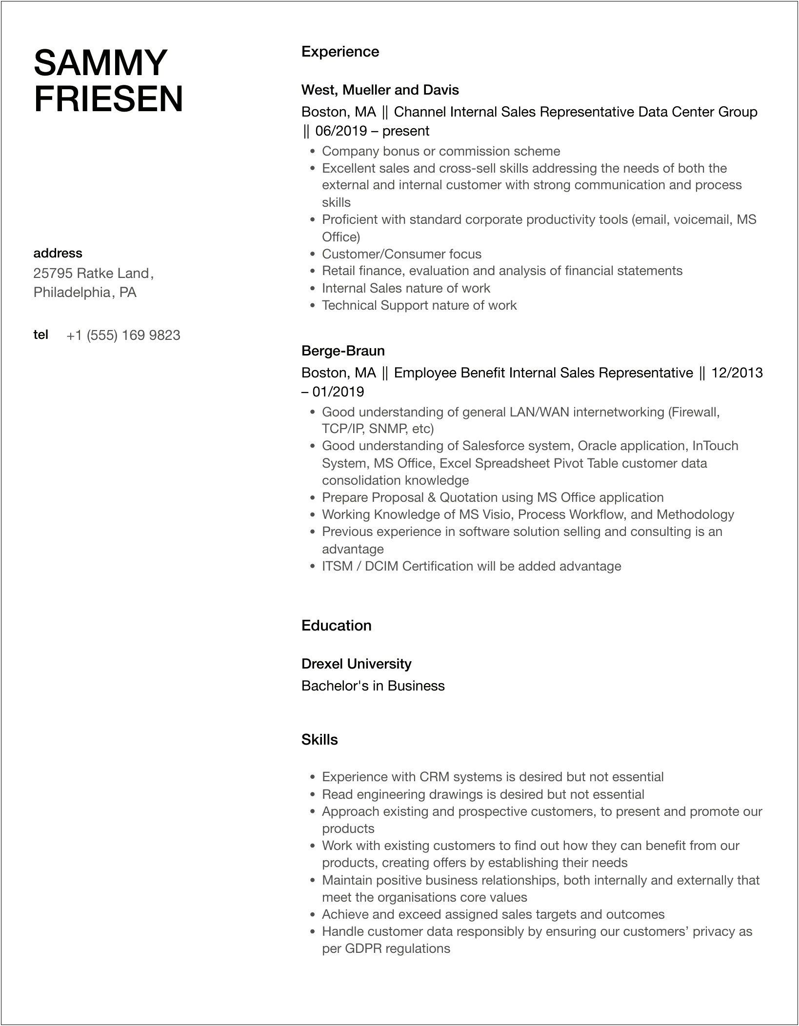 Sample Resume For Inside Sales In Valve Industry