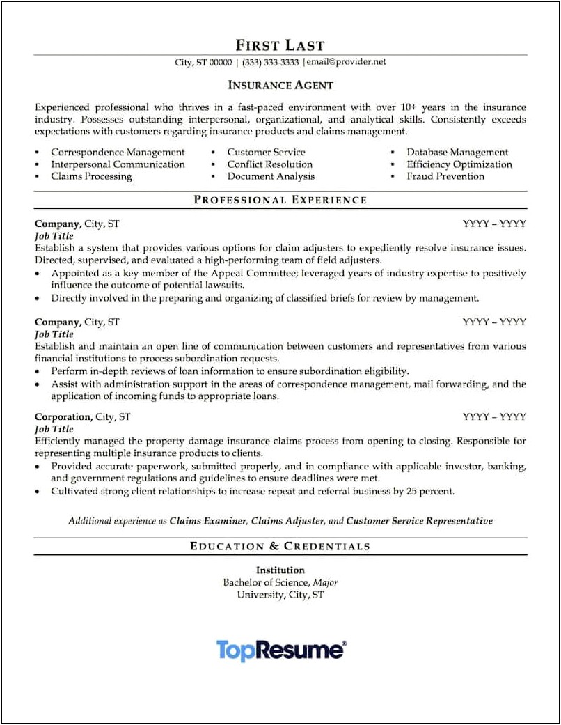 Sample Resume For Insurance Claims Processor