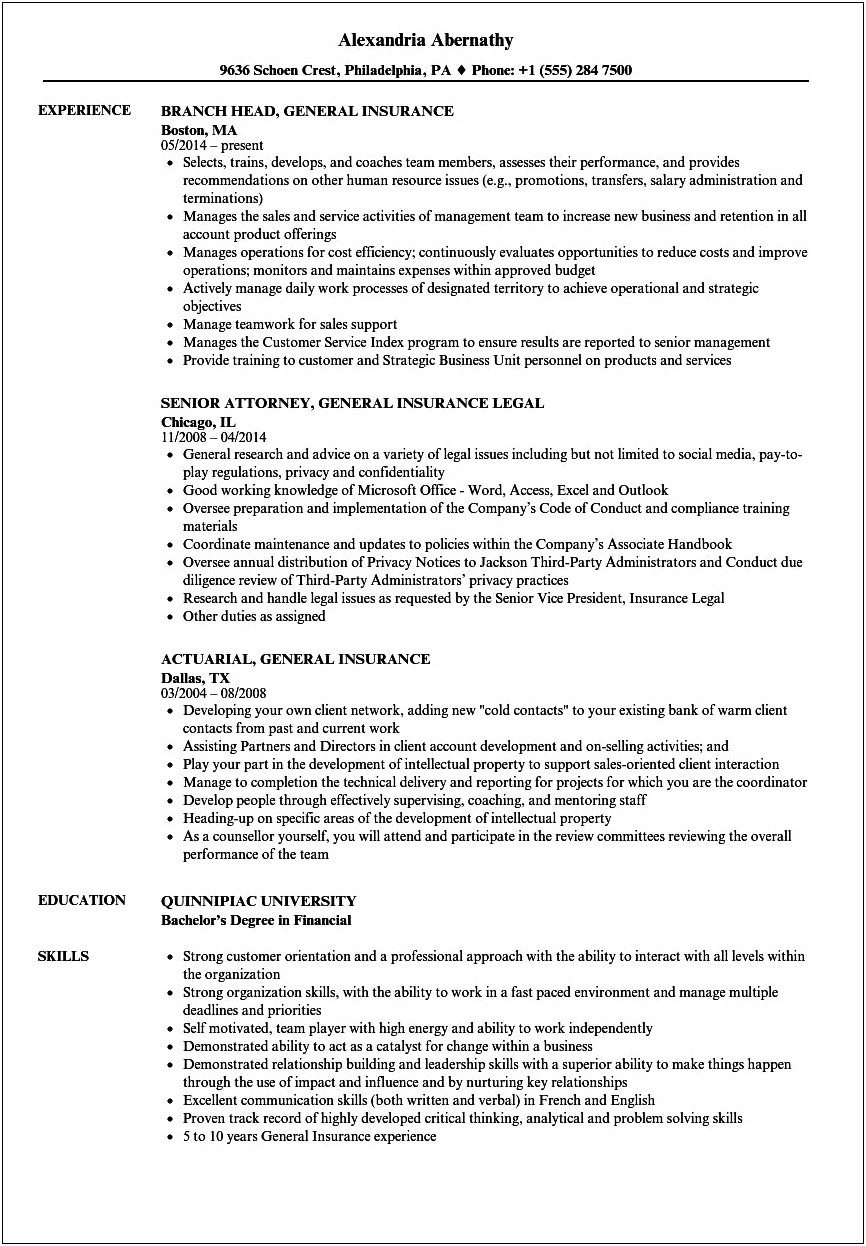 Sample Resume For Insurance Operations Executive