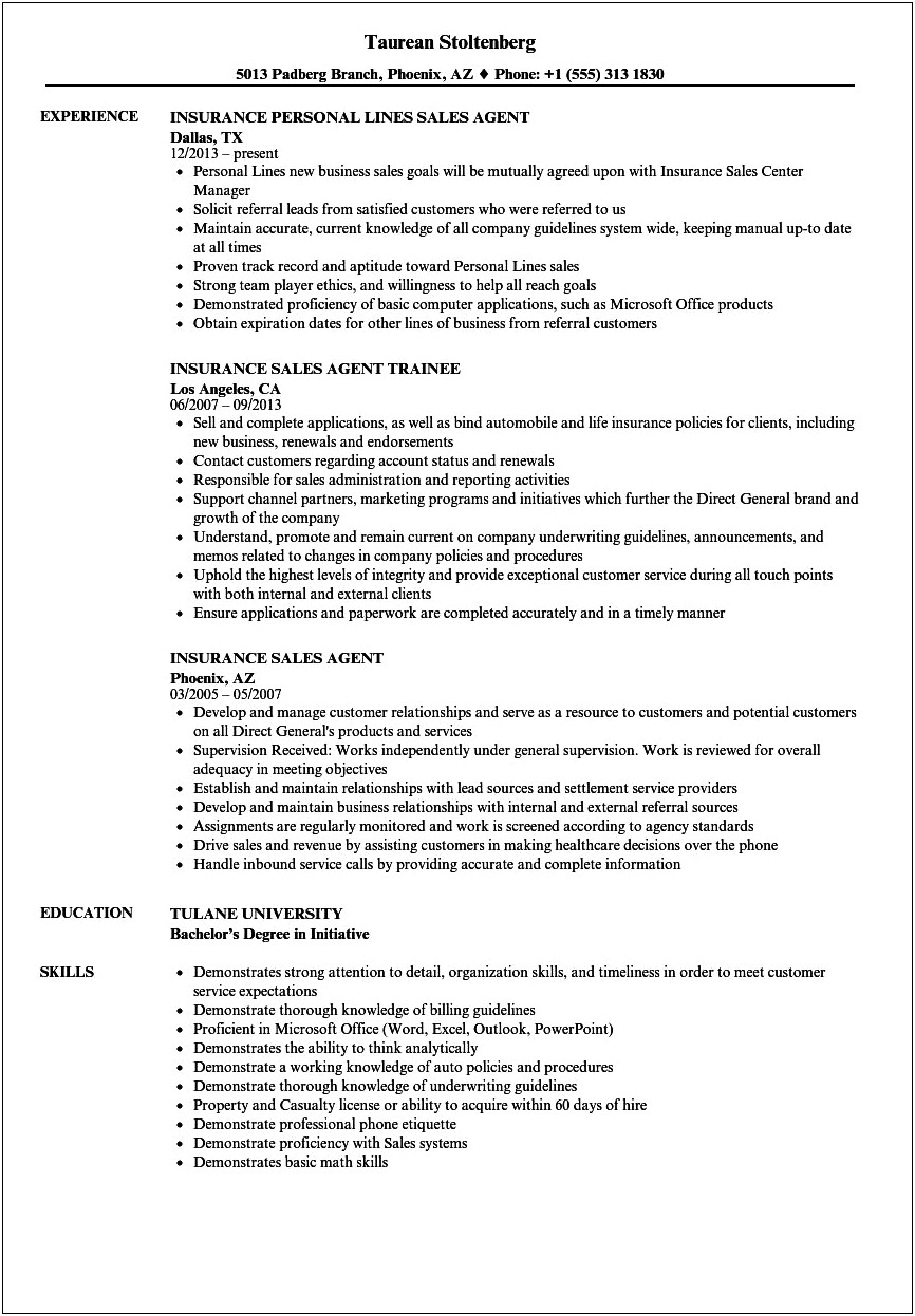 Sample Resume For Insurance Sales Executive