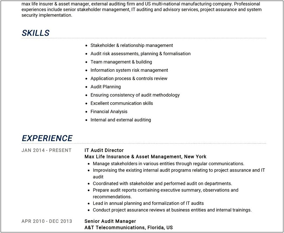 Sample Resume For Internal Audit Position