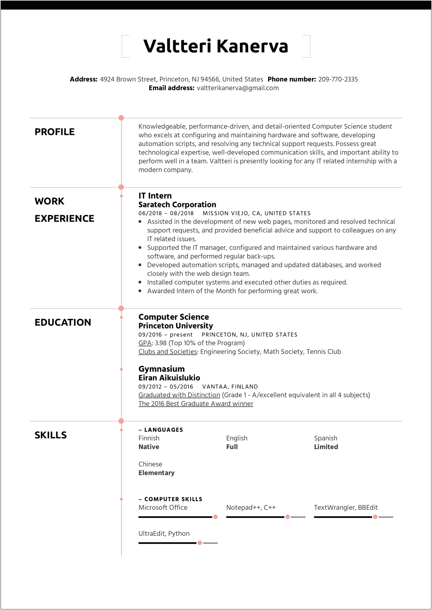 Sample Resume For Internship College Student