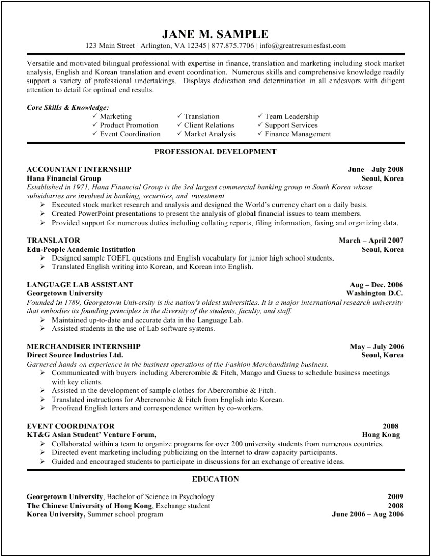 Sample Resume For Internship Engineering Student