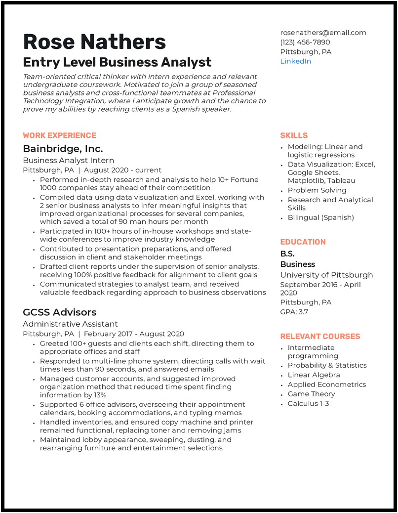 Sample Resume For It Business Analyst Position