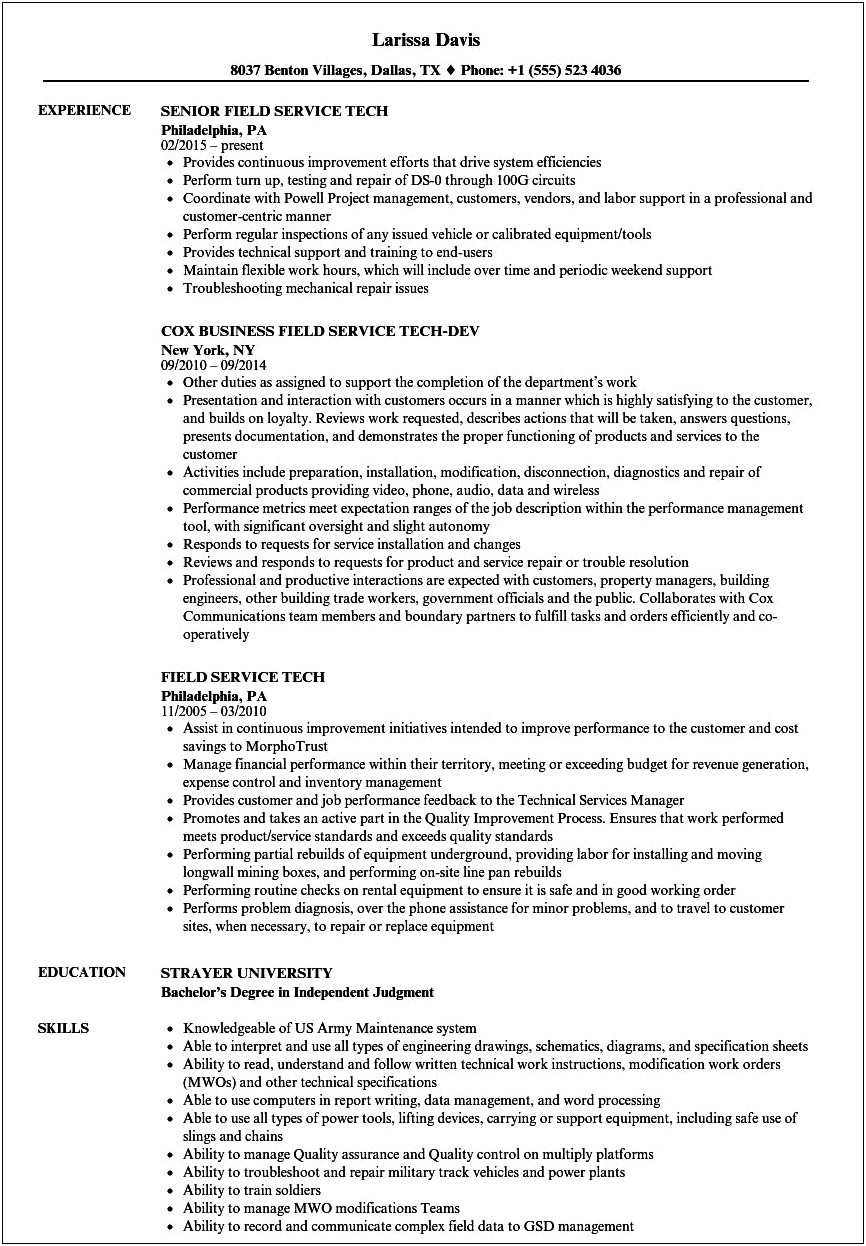 Sample Resume For It Field Service Technician