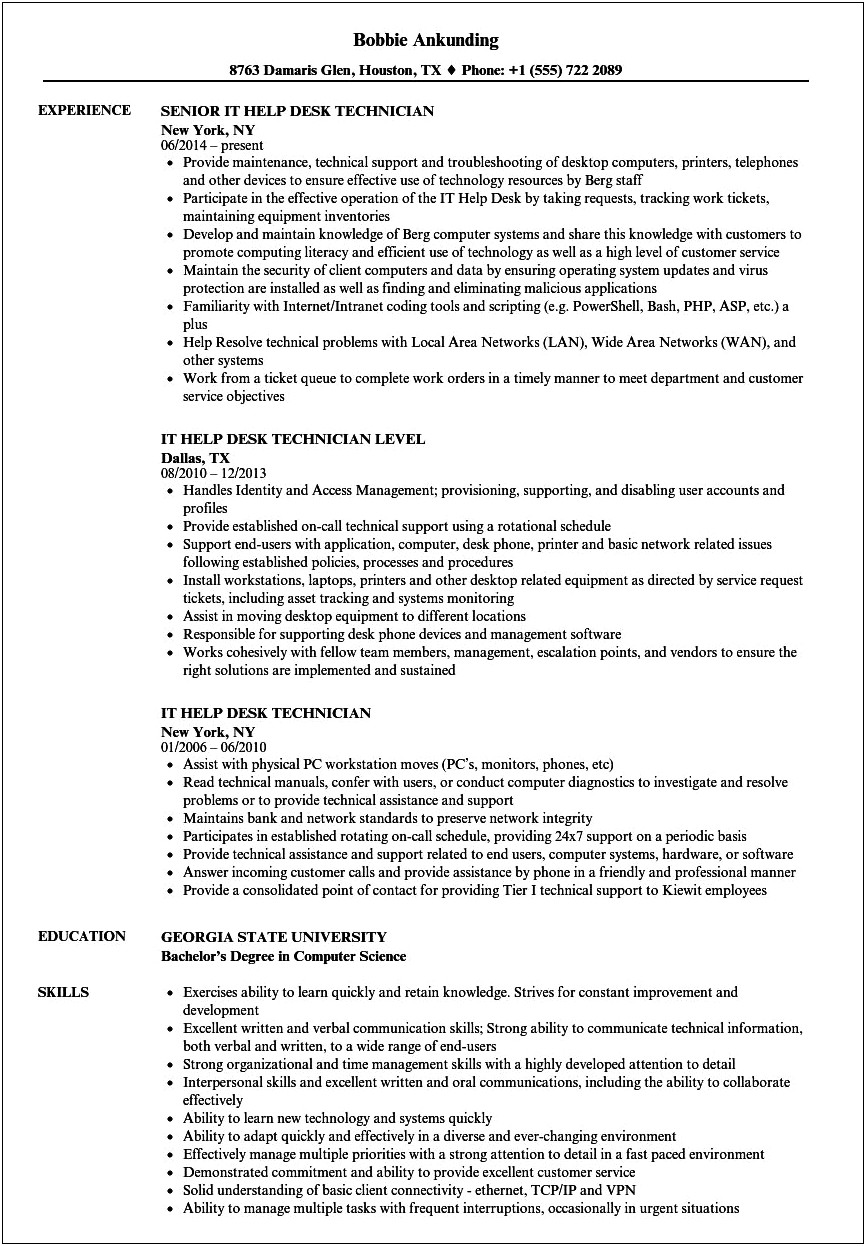 Sample Resume For It Help Desk Technician