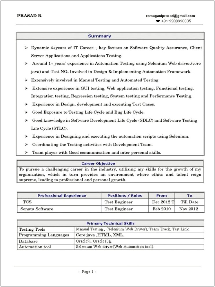 Sample Resume For It Support And Testing Role
