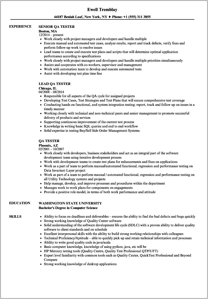 Sample Resume For Junior Qa Tester