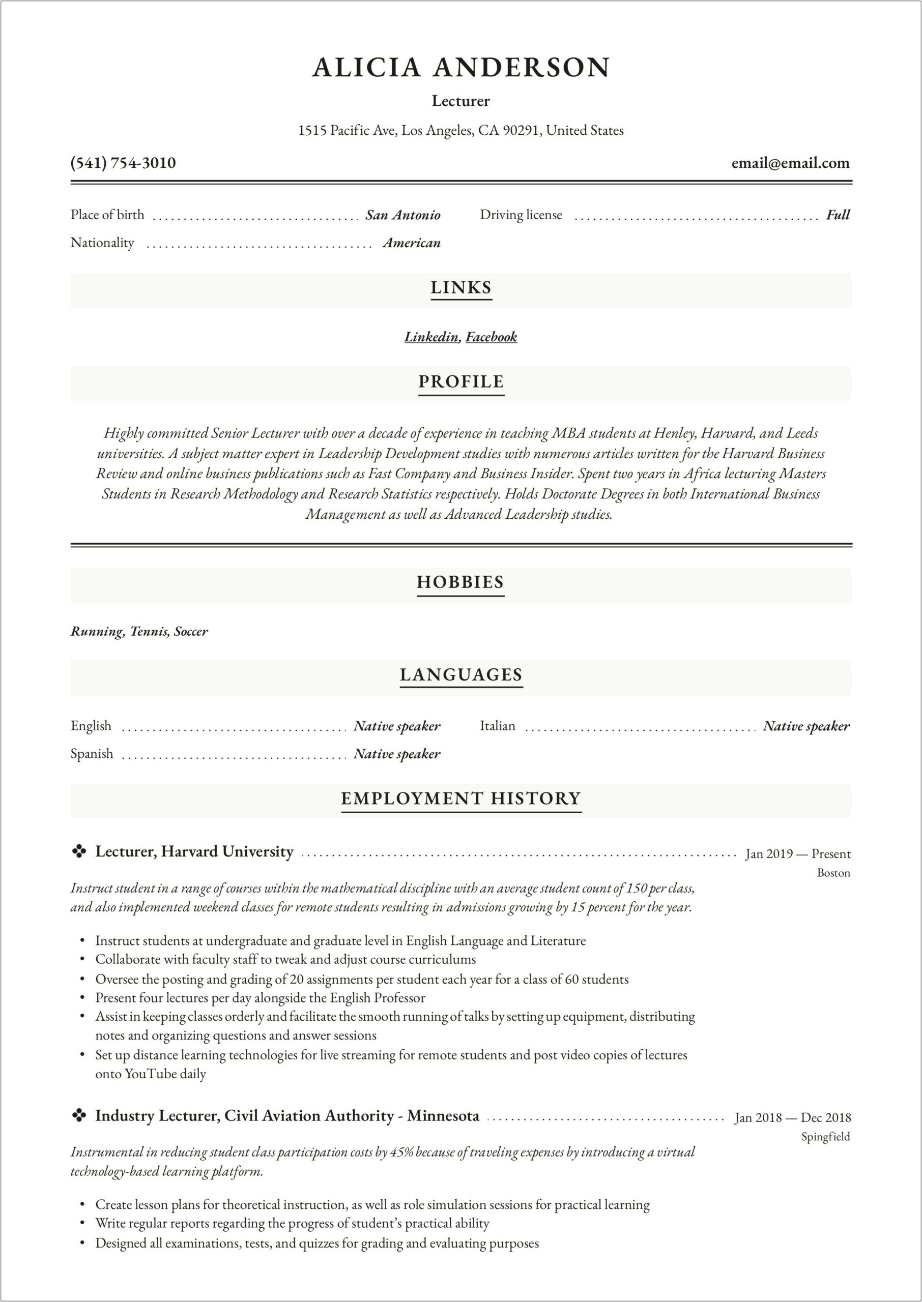 Sample Resume For Lecturer Post In Engineering College