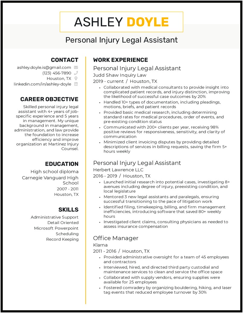 Sample Resume For Legal Assistant Paralegal