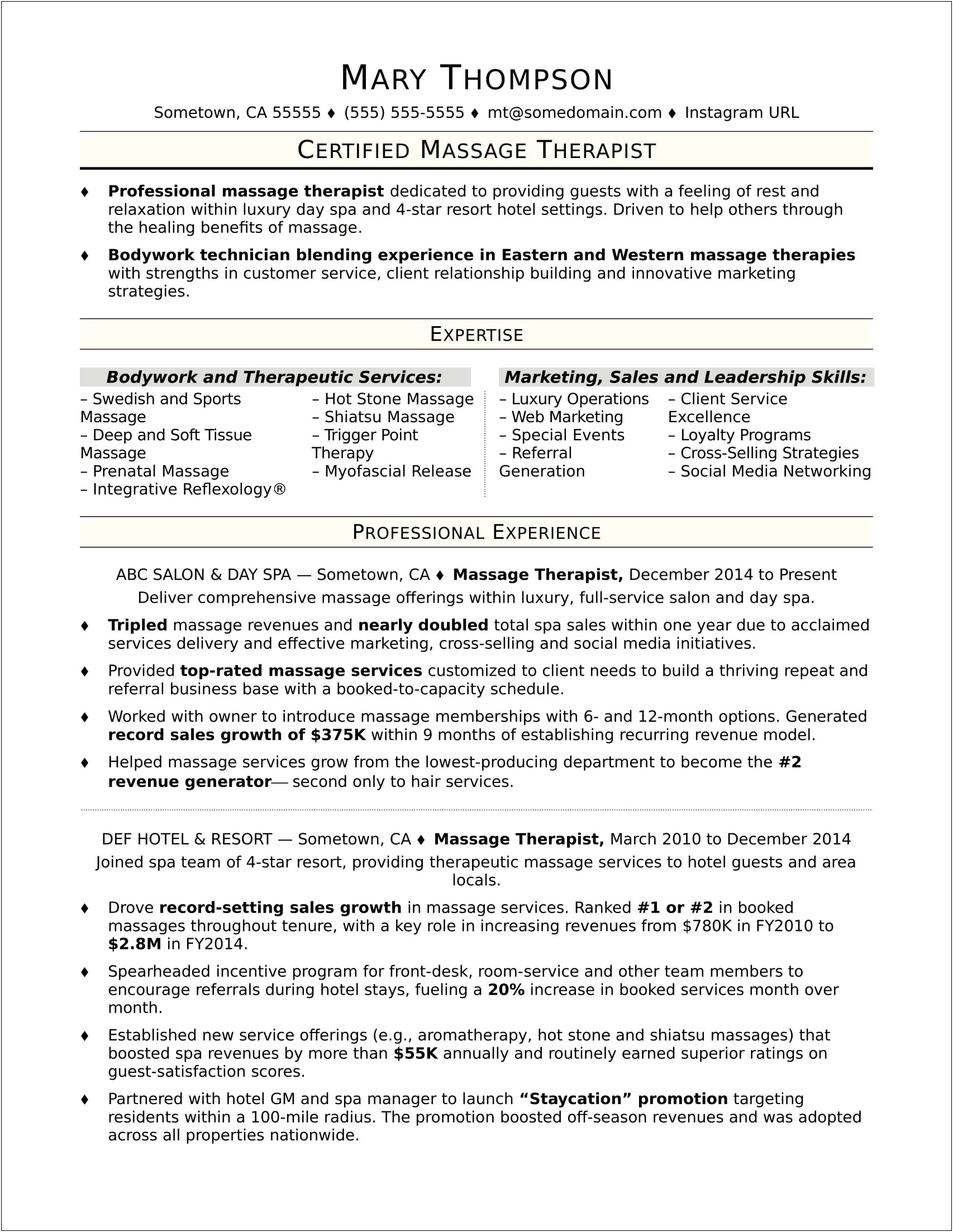 Sample Resume For Massage Therapist With No Experience