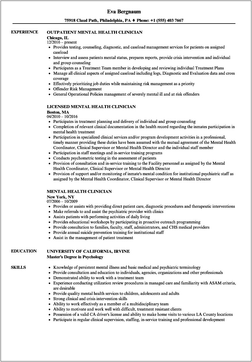 Sample Resume For Masters Of Mental Health