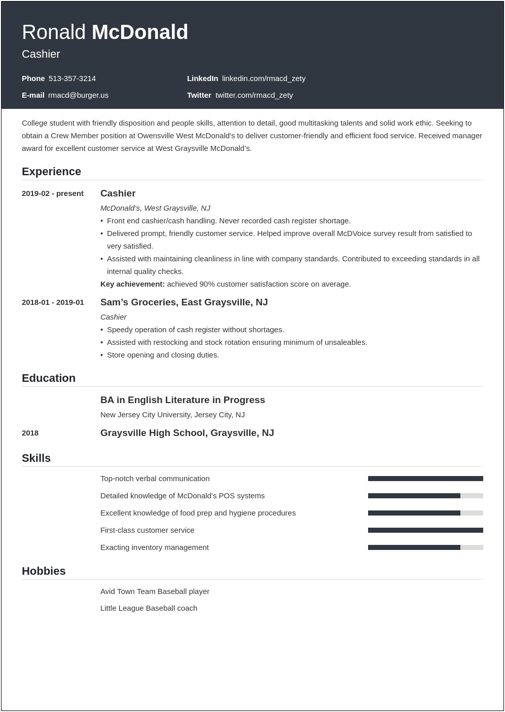 Sample Resume For Mcdonald's Assistant Manager